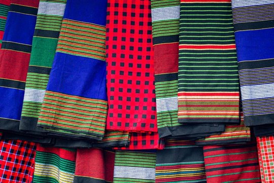 Colourful patterned fabrics for sale in Karamoja, eastern Uganda.