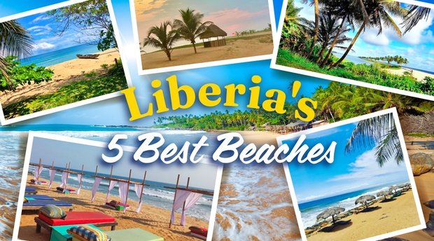 A cover page showing beautiful photos of the 5 best beaches in the west african country of liberia. the title says liberia's 5 best beaches