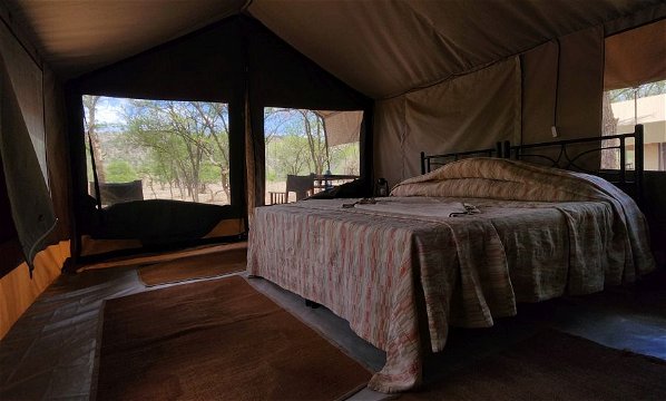 Safari tent interior, Kati Kati Tented Camp, Serengeti. 
