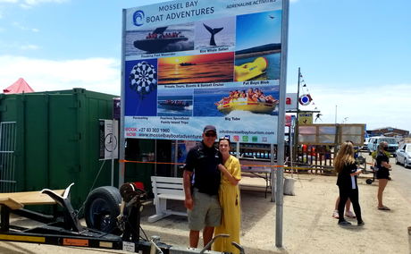 Owner of Mossel Bay Boat Adventures , Cobus van Rensburg, infront of the ticket office at the Mossel Bay Harbor Owner of Mossel Bay Boat Adventures , Cobus van Rensburg, infront of the ticket office at the Mossel Bay Harbor