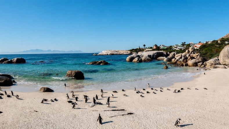 Penguins and sheltered shoreline at Boulders Beach near Simon's Town
