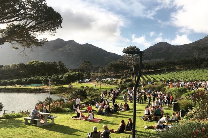 Visitors relaxing on picnic lawns beside a lake and mountain scenery