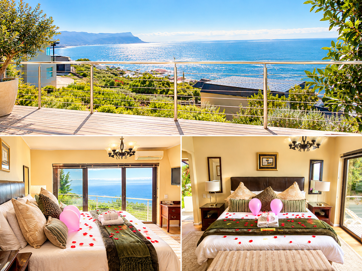 Collage of an Aqua Terra balcony view, lounge and decorated bed