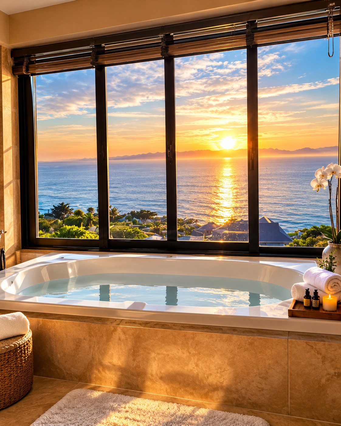 Bathtub beside windows overlooking the sunrise over False Bay