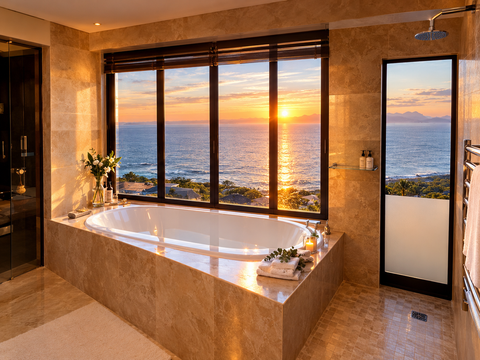 Sunrise over False Bay viewed from a window-side bathtub