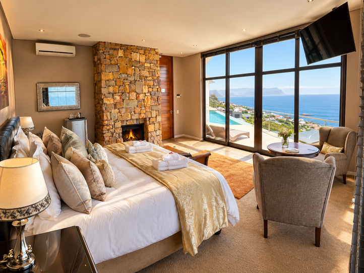 Aqua Terra bedroom with a stone fireplace and large windows overlooking False Bay