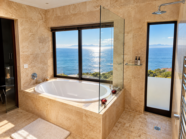 Aqua Terra bathroom with a bathtub and windows overlooking False Bay