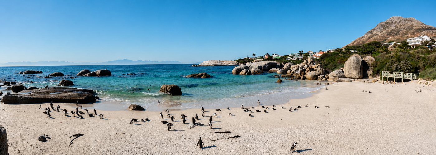 African penguins on the sand beside granite boulders and False Bay at Boulders Beach