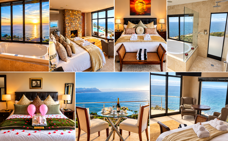 Aqua Terra Boutique Guesthouse romantic rooms, Sunrise ocean-view bathroom and bedroom with raised blinds revealing False Bay