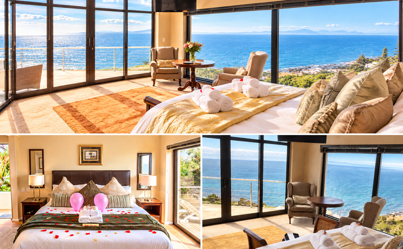 Aqua Terra Boutique Guesthouse Sunrise ocean-view suite collage with both bedroom window blinds raised to reveal False Bay