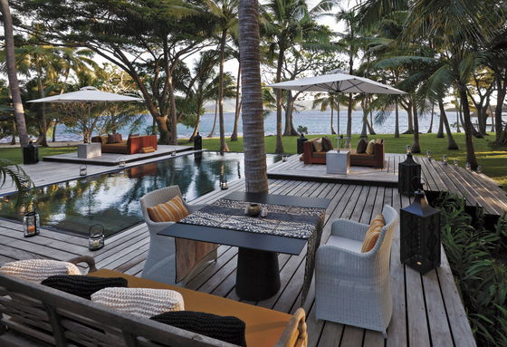 Infinity pool bordered by palm trees and ocean views at Dolphin Island