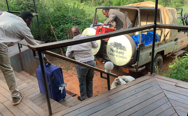 Guests' delayed bags being delivered to camp. (Guest's photo.) Guests' delayed bags being delivered to camp. (Guest's photo.)