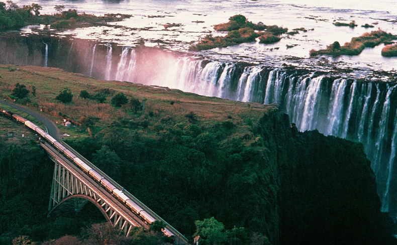 Victoria Falls and train on bridge Victoria Falls and train on bridge