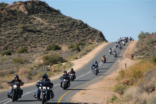 The first sign of the Harleys over the hill above Barrydale