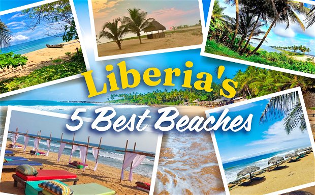 A cover page showing beautiful photos of the 5 best beaches in the west african country of liberia. the title says liberia's 5 best beaches