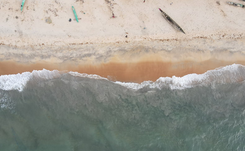 Aerial view of a beach in Robertsport, Cape Mount County, Liberia