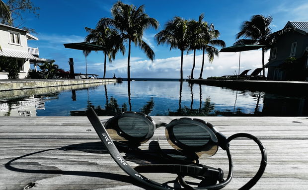 Goggles by the pool after a lovely swim in the White Oaks infinity pool