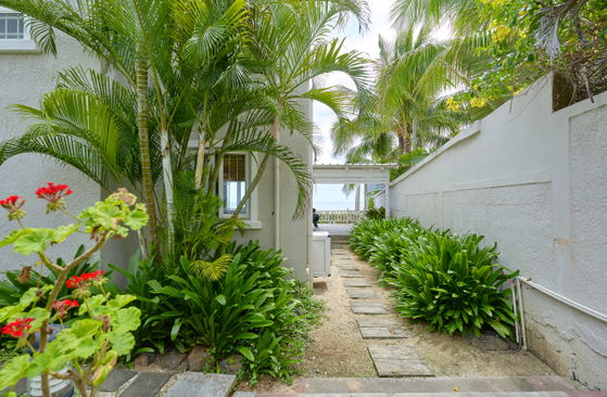 Walkway through tropical garden to villa entrance
