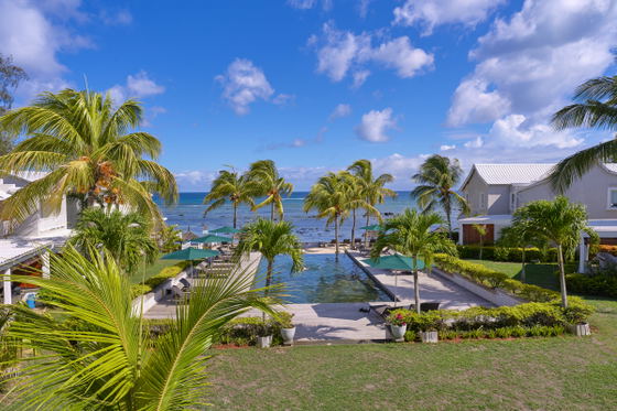 Tropical villa garden with lush greenery and palm trees