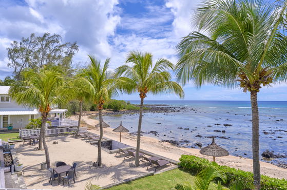 Private beach access with palm trees and sun loungers