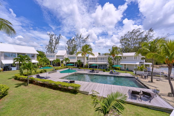 Pool area view tropical trees and ocean views 