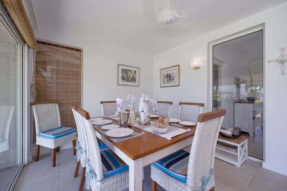 Dining area with rustic wood furniture