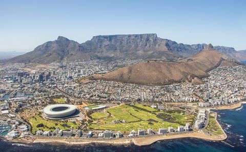 Aerial view of Table Mountain and the city of Cape Town.