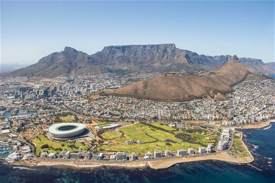 Aerial view of Table Mountain and the city of Cape Town.