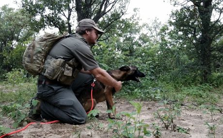 Anti-poaching dog handler and K9 in action. © Colbec