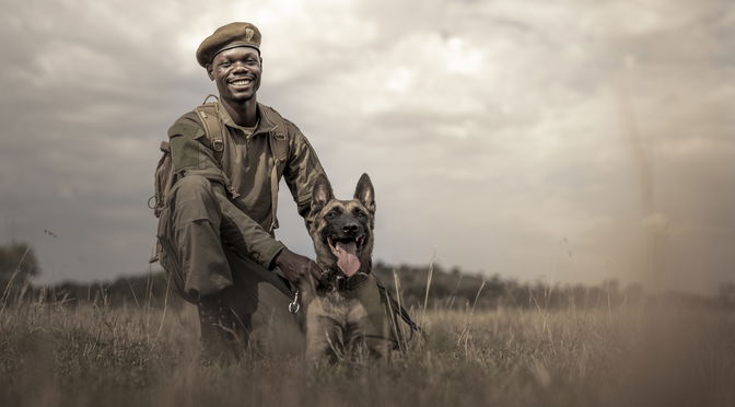 Grumeti Game Reserve. Anti-poaching K9 handler in the field. © Singita