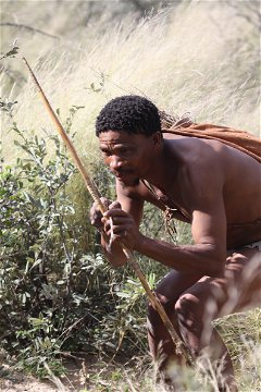 San man demonstrating traditional hunting methods in the Ghanzi district.