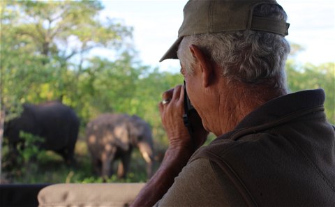 Old man with cap photographing two elephants in green bushes