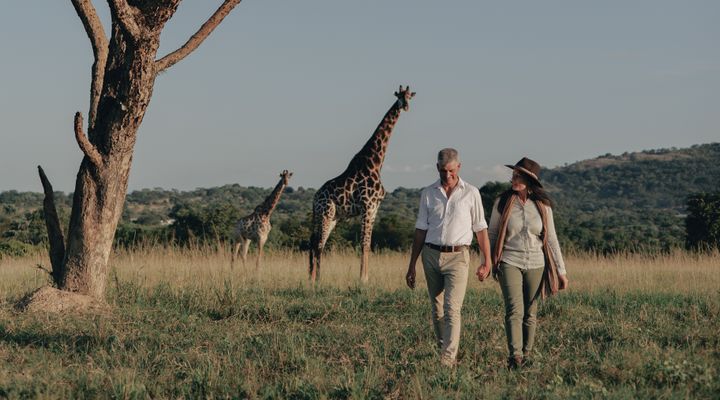 Hylton Langley Safaris Couple standing in front of a giraffe