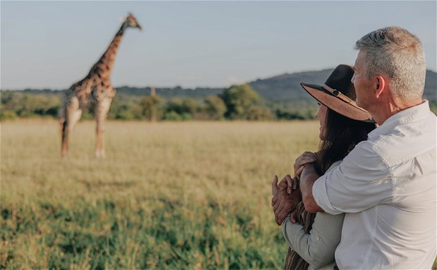 Honeymooners sharing a special moment with a giraffe in South Africa.