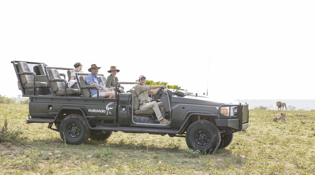 Guests on safari at MalaMala Game Reserve observing lions
