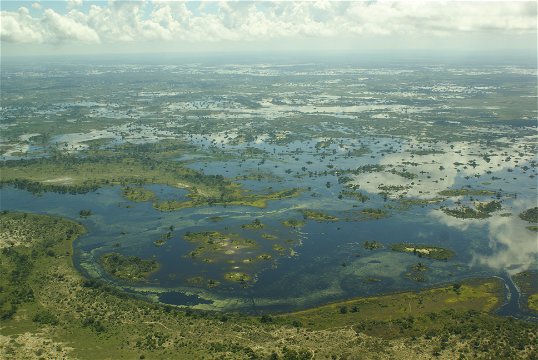 Okavango Delta visible from helicopter from the air.
