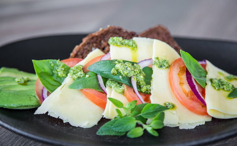 Fresh Tomato, Dutch Gouda, Basil Pesto, Red Onion, Avo on Health Bread (Caprese on Toast)