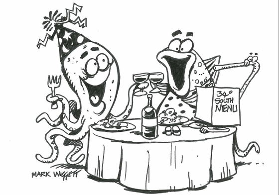 34 South Restaurant Knysna, cartoon by Mark Wiggett