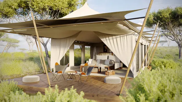 Enjoy the serenity of nature, with a cozy tented space offering comfort and shade, creating an ideal spot for relaxation and peaceful moments.