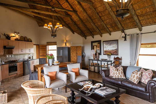 Indulge in comfort at Gondwana Game Reserve with a beautifully designed living room featuring elegant chandeliers and cozy couches, offering a serene retreat surrounded by modern yet rustic charm.