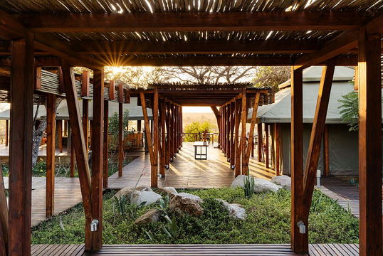 Simbavati Hilltop Lodge features a charming wooden walkway, offering a tranquil connection to nature. Surrounded by lush greenery and a serene garden, this outdoor space invites guests to relax in the shade, embracing the peaceful ambiance of the lodge's natural surroundings.