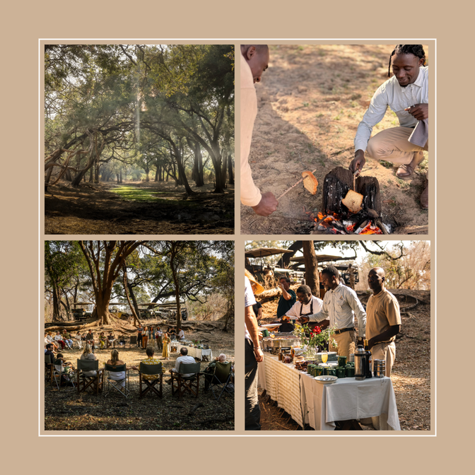 enjoy a bush breakfast at msandile river lodge after your morning safari in south luangwa national park