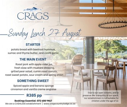 Sunday lunch overlooking the beautiful views of the Crags with fireplace, bar and lounge and outside boma