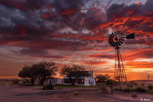 Die Roepman en Lynloper. Karoo. Windpomp. Sonsondergang. Verblyf. Beaufort-Wes