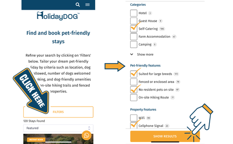 How can I use the filtering system to find a very specific type of pet-friendly holiday on my mobile?