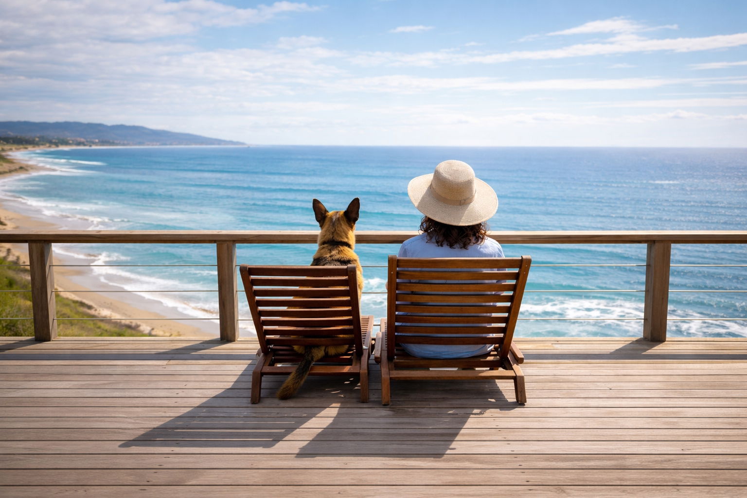 A dog relaxing with its owner at pet-friendly accommodation in South Africa, overlooking the ocean. This image represents the type of verified, dog-friendly stays that allow guests to travel comfortably with their dogs while enjoying a true holiday experience.