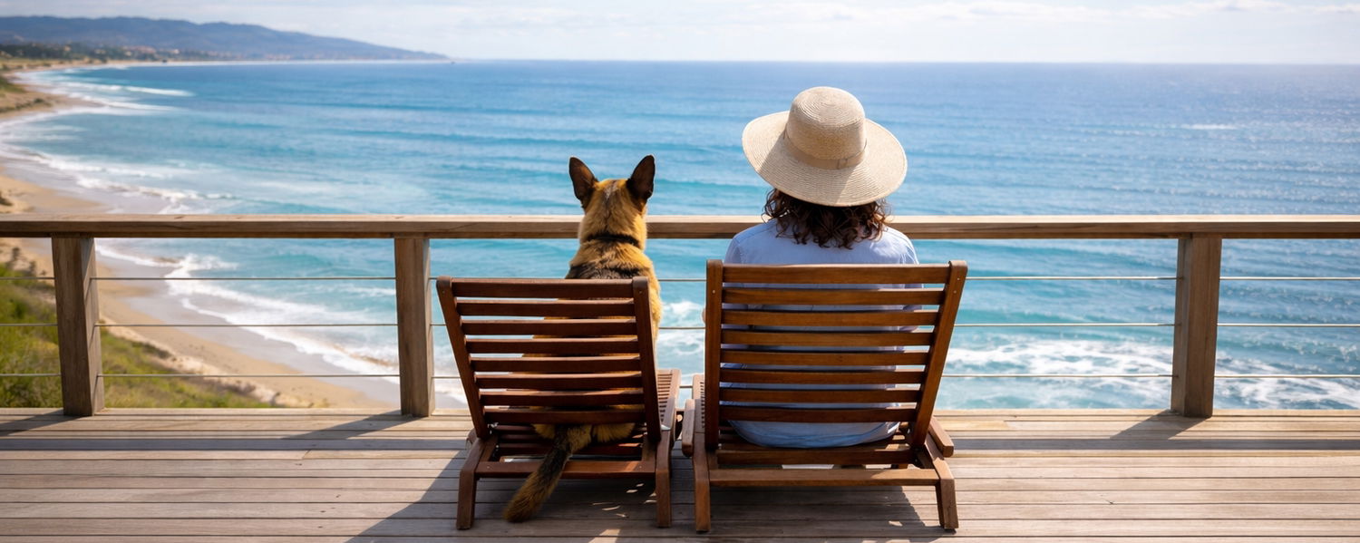 A dog relaxing with its owner at pet-friendly accommodation in South Africa, overlooking the ocean. This image represents the type of verified, dog-friendly stays that allow guests to travel comfortably with their dogs while enjoying a true holiday experience.