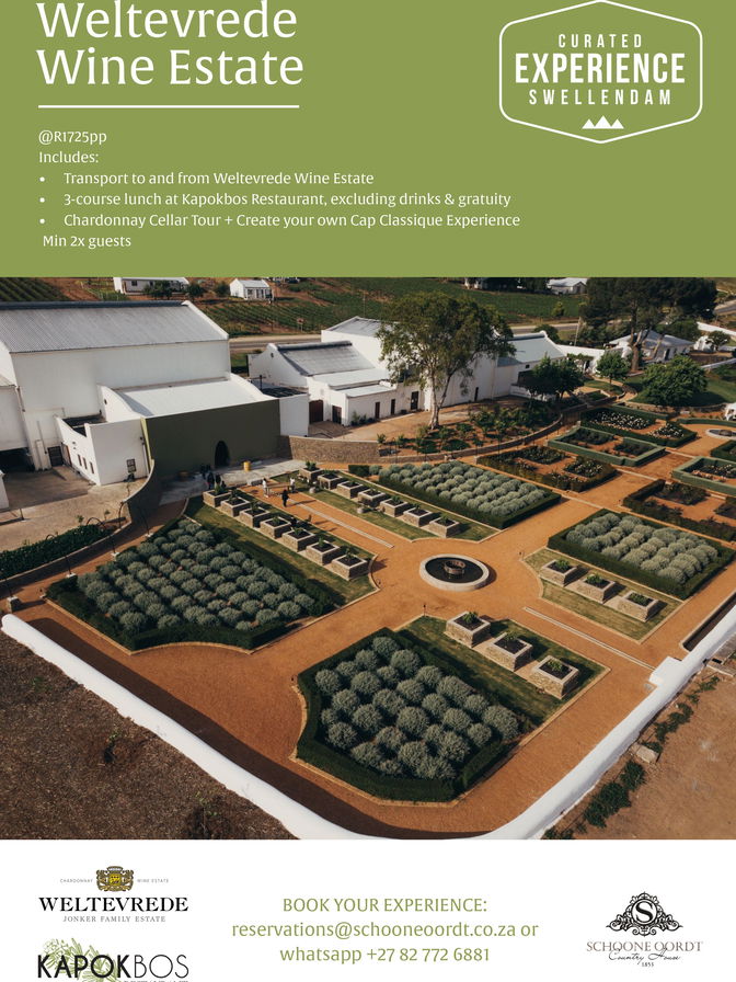 Swellendam Experiences Chardonnay, MCC and fine dining at Weltevrede Wine Estate