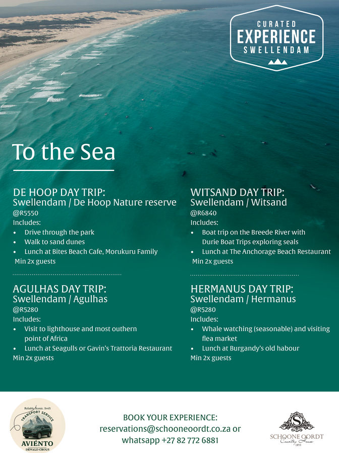 Experience Whale-watching, the southernmost tip of Africa, seal exploring and day trips to the sea from Swellendam