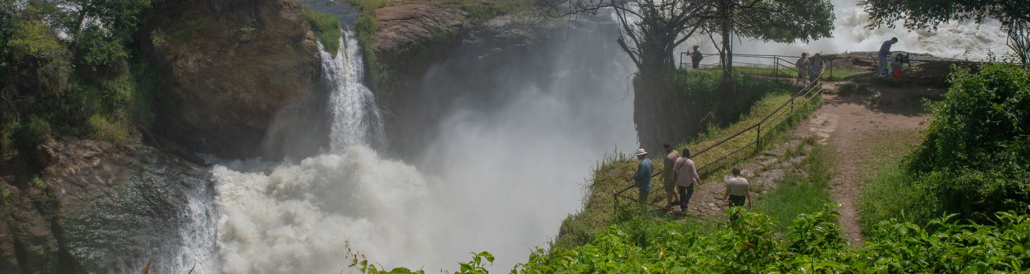 A hill view of Murchison falls flowing through the narrow gorge